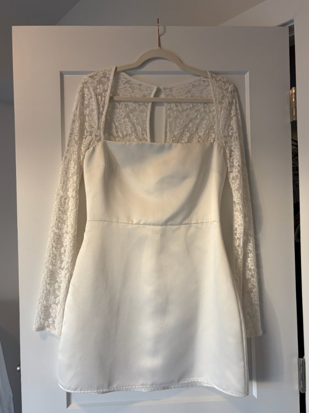 White Satin Lace Long Sleeve Mini Dress